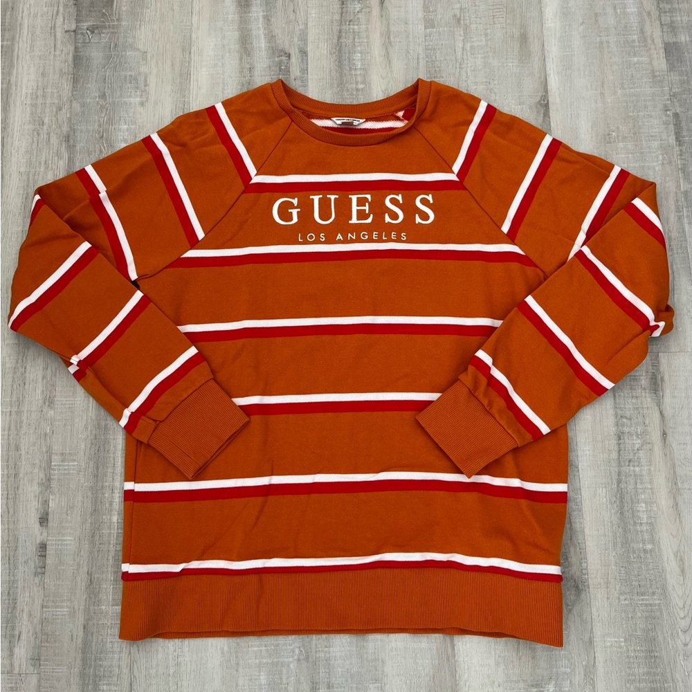 GUESS ORIGINALS Orange Striped Long Sleeve Crew Neck Top Size Medium